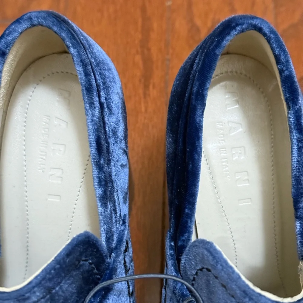Marni Blue Velvet Platform Loafers Block Heel Square Toe Made in Italy Size 37.5